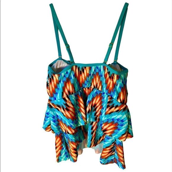 Venus Tankini Swim Top Stretch Ruffle Tiered Aztec Orange Teal Green Women Sz 6. - Picture 2 of 7